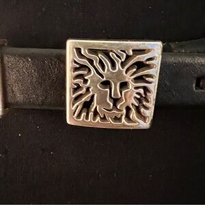 Anne Klein Women’s Lion Logo Silver Tone Double Chain Link Black Leather belt